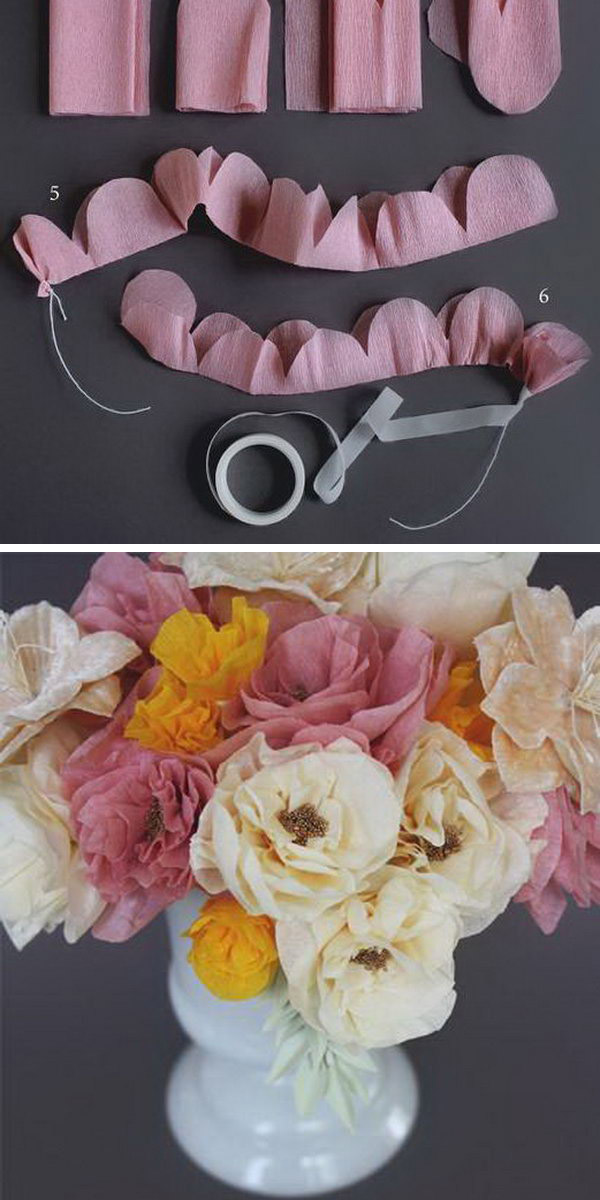 DIY crepe paper flowers. Cut and fold the crepe paper to get the petal shape and flower shape. Attach it with a flower ribbon and pull on the edges of the petals to achieve the stunning look of paper flowers in a flower vase in a dreamy and cute look, and get your friends' attention.