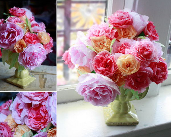Coffee filter roses. Glue the spiral strip to the masking tape and squeeze it to fold the strip. Wrap the tape around the straw to make the stem. Simply display them in an exquisite arrangement in a flower vase for a beautiful visual effect.