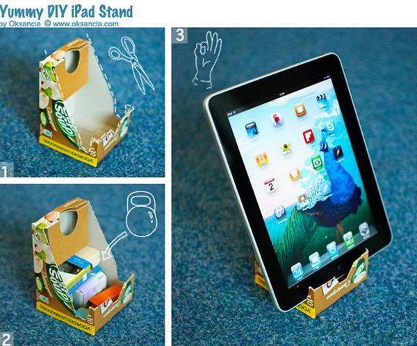 DIY delicious iPad stand. You can use your favorite boxes to make an iPad stand. But you should remember to put something heavy in it to keep it going. 