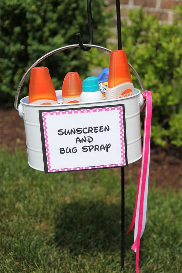 Sun protection and bug spray. For a summer party outdoors, it's very important to apply sunscreen and bug spray to avoid mosquito bites.