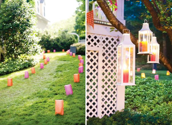 Paper bag lights summer party decor. Set up a summer party with these colorful light bags and tea lights to create a romantic and dreamy presentation.