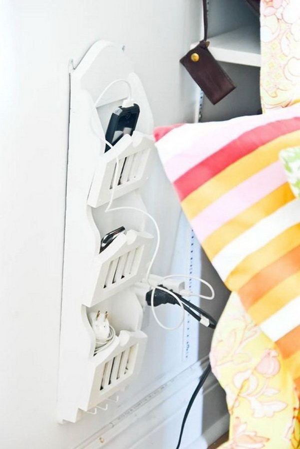 Wall-mounted bedside station. Keep all your devices and tiny electronic devices ready with this cute storage idea by attaching a wall-mounted bedside station.