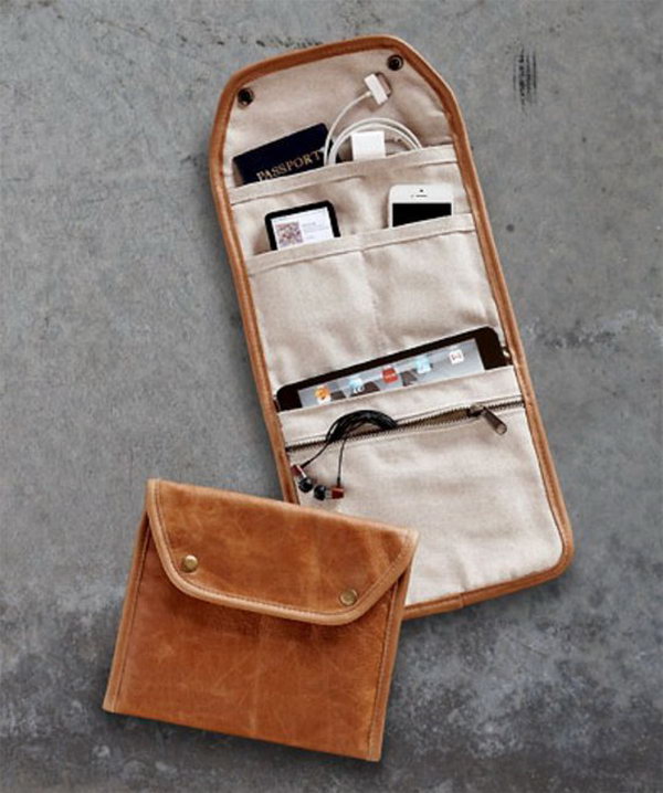 Gadget carrier. This hinged zippered gadget case ensures that all important things are made in a supple leather and lined with soft cotton canvas. It is a perfect solution to keep all of your devices.