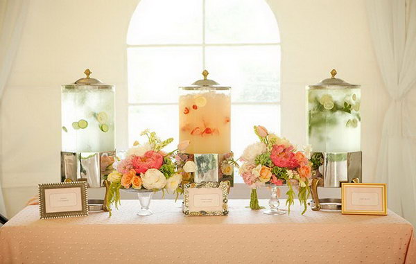 Water drinking station. Treat your guests to a quick cool down for the summer party reception with this water station. Add stylish water dispensers with imaginative favors like lemon, cucumber, lime, mint and strawberry for meat flavors.