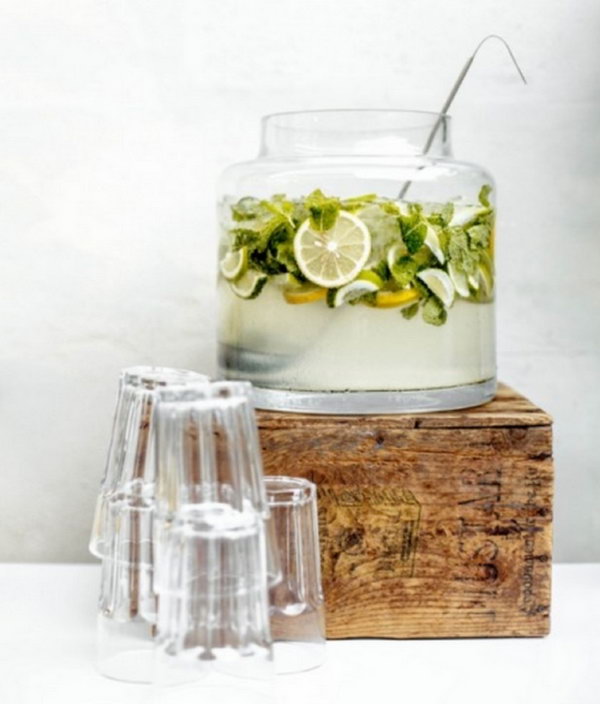 Punchbowls drink station. Add a refreshing drink, fresh lemonades, and classic drink glasses to create this party station in the punch bowl version. It brings back the punchy charm.