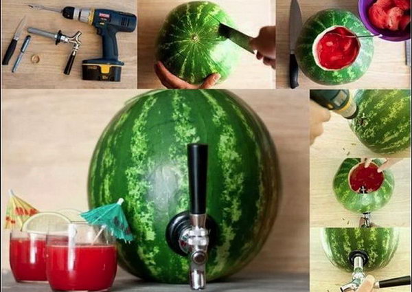 Watermelon beverage station. Drill a hole from the watermelon to insert the faucet. Fill the hollowed-out watermelon with drinks as you like. This beverage dispenser for watermelons impresses your guests with its breathtaking design.