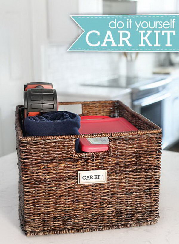 DIY car set: Prepare a large wicker basket with two plastic boxes for the smaller items. The remaining space can be good storage for other larger things, such as a blanket, bottles, a first aid kit, or something else. 