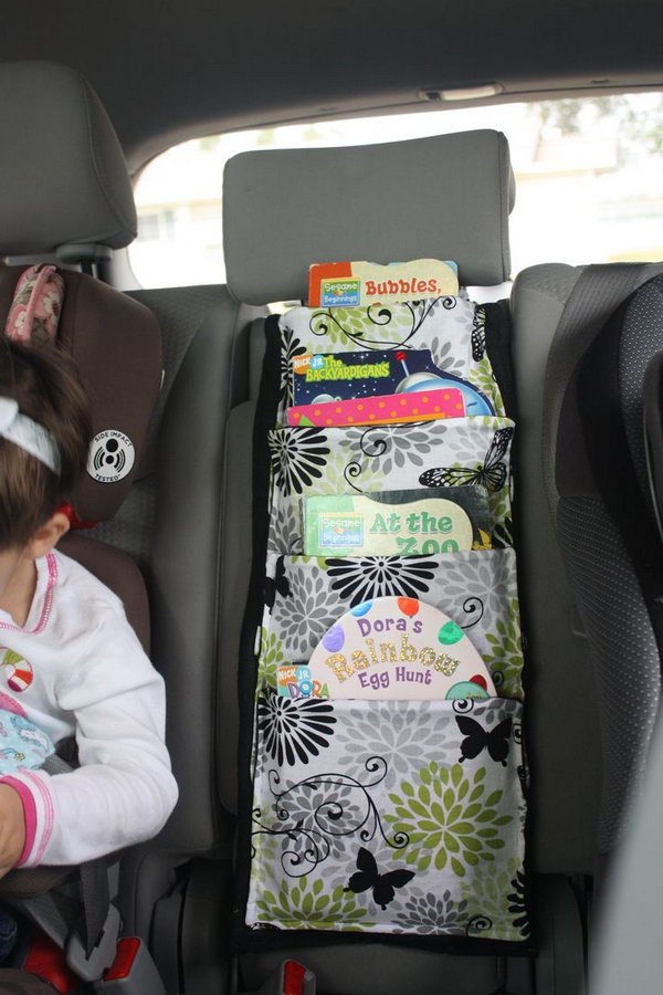You can make some fabric bags and then attach them to the back of your car's seat as an accountant for your passengers to read. 