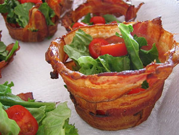 Bacon mug. DIY cover this bacon bowl with muffin tin, foil and weave bacon around it. Bake the bacon in a crispy mini bowl to make it the tastiest thing in the world.