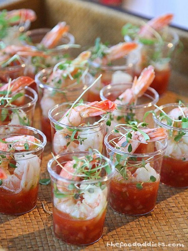 Individual shrimp cocktails. Create your favorite cocktail shrimp with a breathtaking appearance by adding cooked shrimp to the shot glasses to impress your guests with a fresh taste and celebrate the cocktail party.