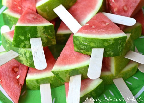 Watermelon popsicles. If you are holding your party on a hot summer day, it is perfect to serve these popsicle watermelons to your guests. Cut your watermelons to make an incision and insert your stick