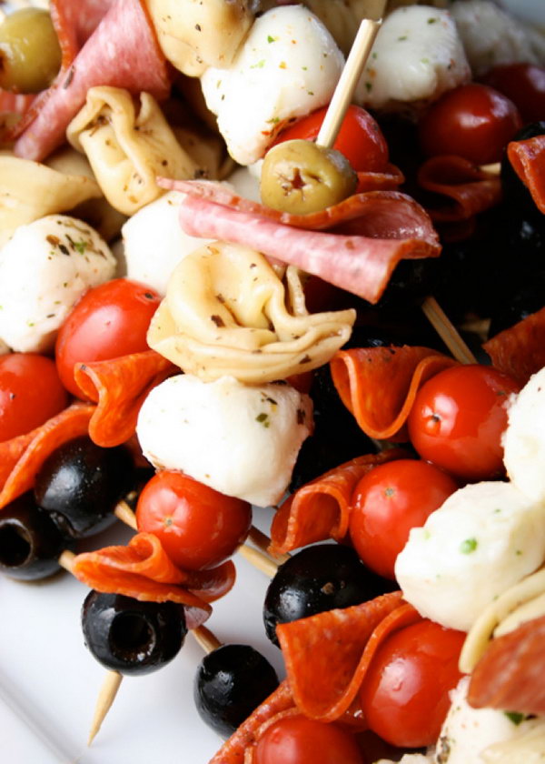 Antipasti kebobs. After you've cooked tortellini, put it in a bowl or freeze the gallon bag. Put salad dressing and marinade in the fridge in a few hours to prepare this delicious meal for your guests for the birthday party. 
