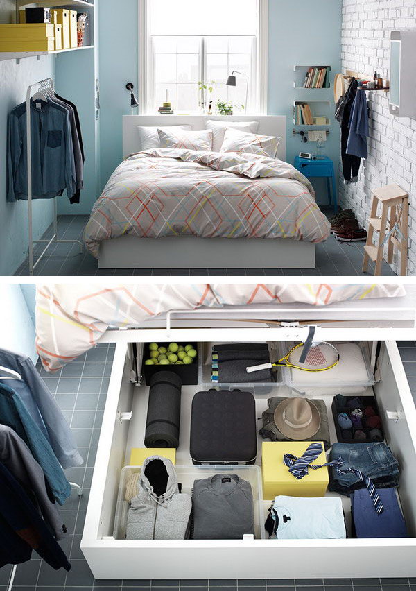 If you are struggling with storage in your bedroom. This type of bedroom design from IKEA gives you extra space with a bed where you can hide clothes, blankets, pillows and everything else directly under the mattress.