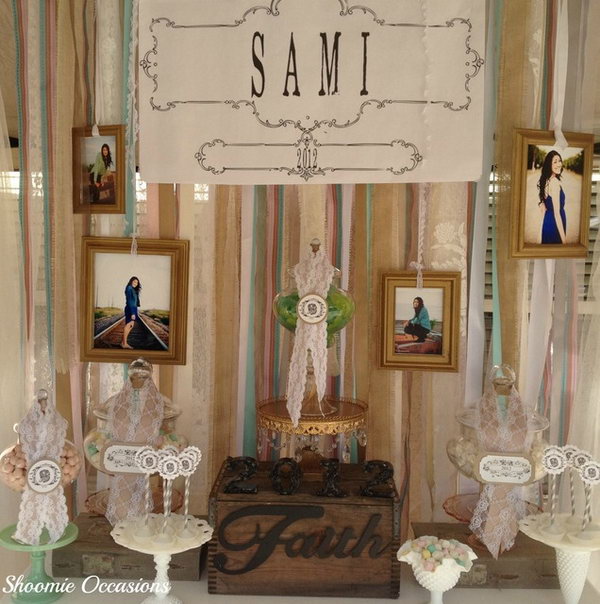 Vintage graduation ceremony. Decorate your graduation party in vintage style with a photo background and table stands decorated with lace ribbons. It is elegant and will definitely light up your party.
