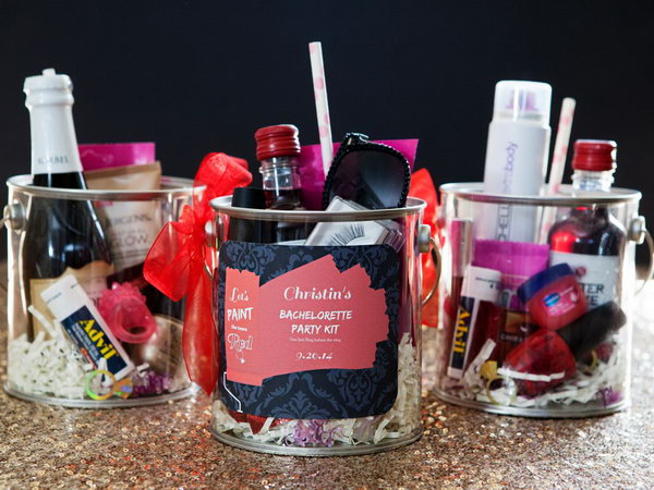 Graduation Favor Bucket. These bachelorette party kits are perfect for making your graduation party something special with a paint bucket gift container. It contains your daily hairspray, lipstick and nail polish items. It makes your art a little wild.
