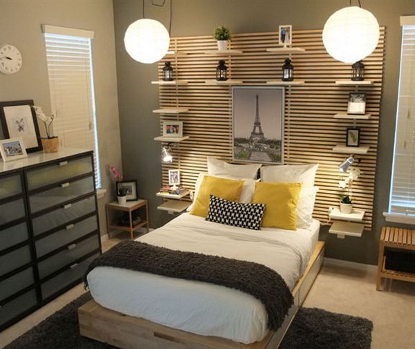 The main features of this bedroom are the MANDAL bed frame with drawers for things like clothes, blankets etc. out of season and the MANDAL headboard with bedside tables that do not affect your floor space. It looks organized, warm and cozy.