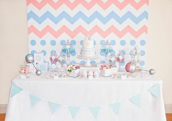 Sweet Gender Reveal Party. I really adore this cute gender reveal party because of its cute design and delicate taste of baby rattle cake pops, fondant cupcake toppers, mini cheesecake, vanilla bean footprint, bottle and romper cookies.