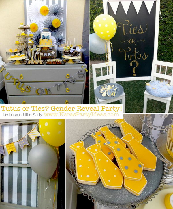 Ties or Tutus Gender Reveal Party. Celebrate the party with green salads, mason jars, tutu and tie banners, chicken salad in ice cream cones, three-tier yellow and gray fondant cake to assign gender with either a tutu or a tie.