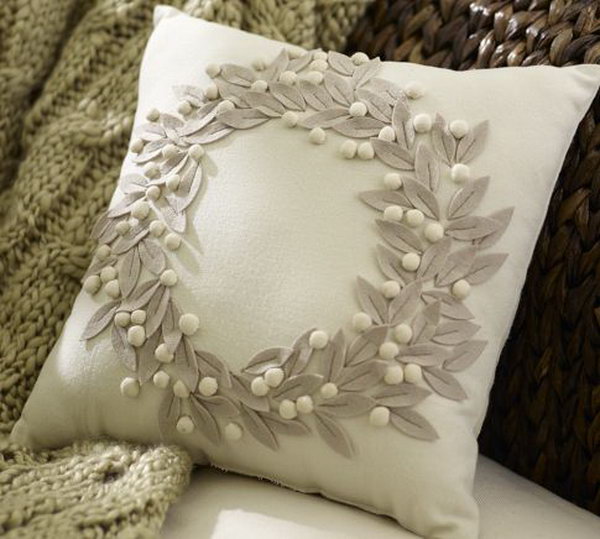 Pottery Barn Pillow Knockoff: I can hardly say which pillow comes from the Pottery Barn and which pillow is handmade by you. Check out the felt sheets and white cotton balls, I really love the simple beauty of this pillow! See the tutorial 
