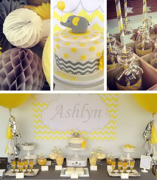 This yellow and gray elephant birthday party is one of my favorite parties we've ever shown. What a great party, perfectly executed, with the adorable garland, the bunting, the sweet cake and the sweets.