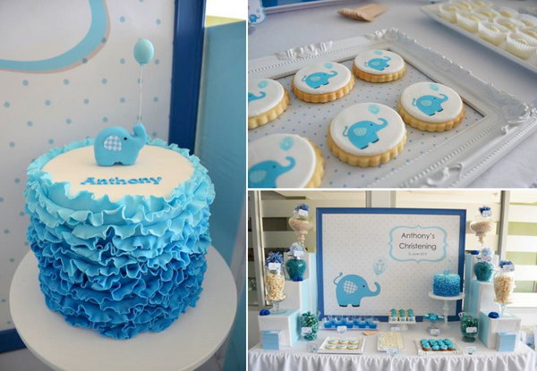 This adorable blue elephant themed party has so many fabulous ideas and cute details. I love the blue ruffled ombre cake, the oreo with elephant fondant toppers and desserts and ... well, everything!