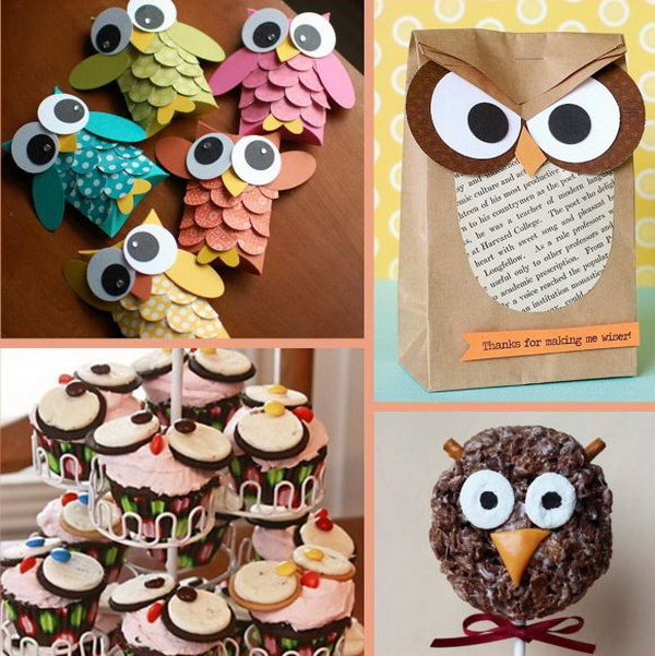 The owl theme can be chosen if your baby loves owl. And all decorations are types of owls to promote the theme, such as the owl paper bag, owl cake, handmade paper owl decor - cute owl lollipops.