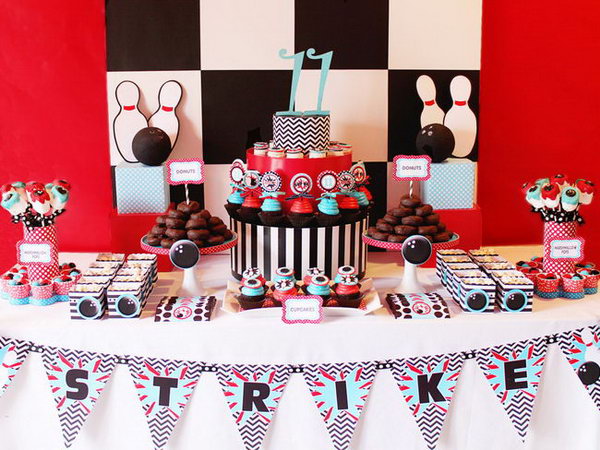 What a great birthday party. The party chooses a bowling theme and is so well planned. There are many red, white and bright colors.
