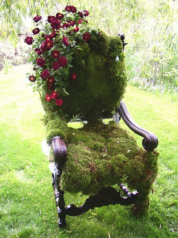 Do not throw away the old seat or armchair, as you can make it a decoration in your garden corner with a little moisture and grass seeds.