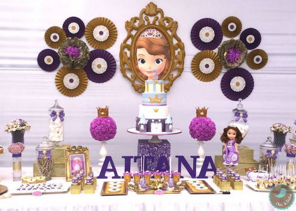 Dream Sofia Princess Party. Celebrate your party with fabulous cakes, marshmallow pops, paper-backed backdrops, and a portrait of Sofia. I really like the good color combination from the decorative items to the sweet desserts.