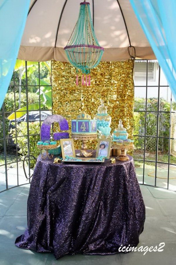 Aladdin Themed Princess Party. This luxury princess party will impress every princess with its shimmering backdrop, glittering purple tablecloth and other sweet favors and desserts.
