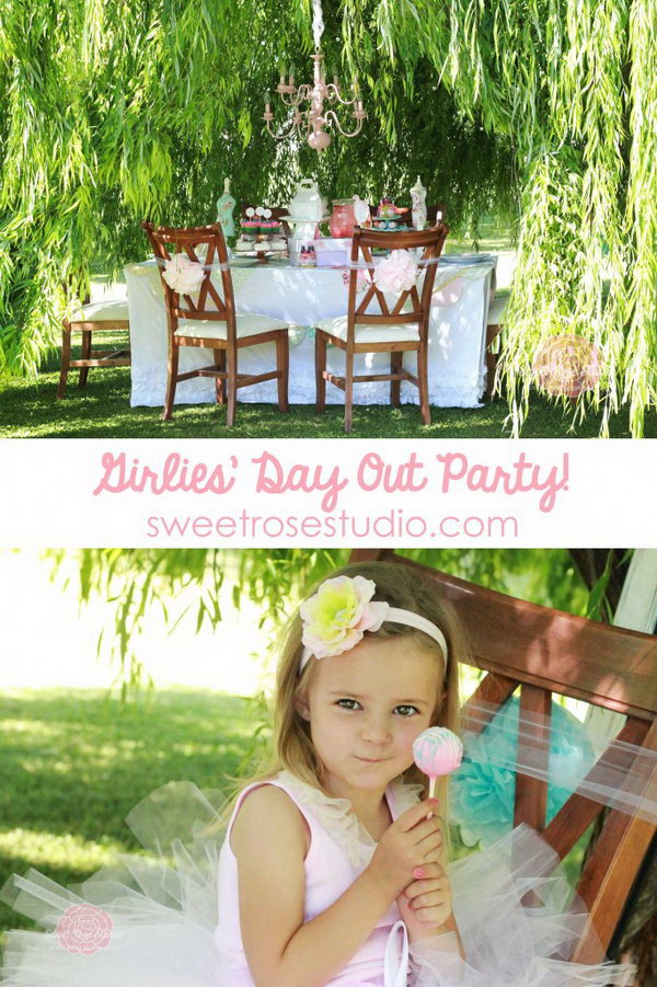 Backyard princess party. A princess' party does not have to take place in the castle. It can also take place in your garden with a seasonal spring flavor. It has a beautiful menu board that shows the daily menu. The food, decor and other favors are really attractive.
