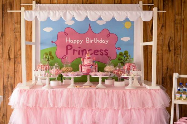Peppa Pig Princess Party. Everything fits so well and complements one another so well, from the fabulous pink castle cake to the tissue ball decorations with peppa-pig character. So many fabulous decorations, favors, desserts and sweets make the princess delightful.