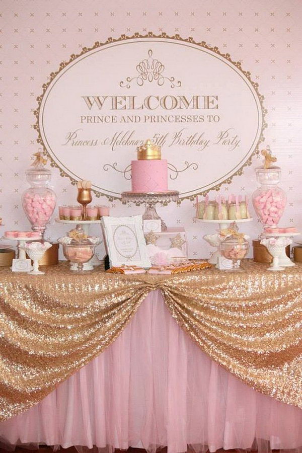 Princess Pink and Gold Royal Backdrop. The pink and gold royal backdrop set the tone for this party theme. All the detailed favors and decorations underline the royal taste of this party from the glittering golden tablecloth to the crown cake topper.