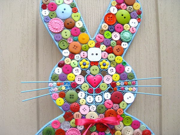Easter bunny button decoration. This button bunny is covered with buttons in different colors in different sizes and shapes, it really matches the selection of the spring-Easter decoration.