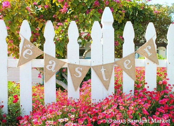 Easter and spring burlap banners. This reversible Easter banner burlap pennant reads "Easter" on the front and has cute white cots on the back. It looks good on both sides and is a perfect decor for your festive Easter outlook.