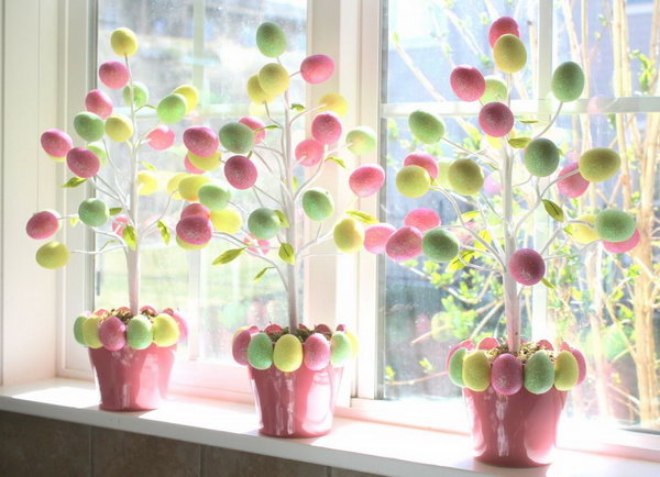 Target dollar egg tree. To build this beautiful Easter egg tree yourself, you only need the Easter tree, a pot and 2 boxes of foam glitter Easter eggs. These eggs are light, you can put them on the branch without gluing.
