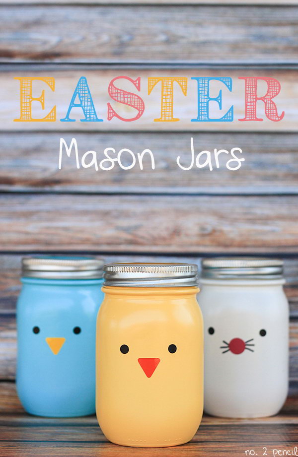 Cute Easter mason jar craft. These small mason jars for Easter with bright colors are easy to make and can be used as vases or candy jars. Spray paint on mason jars and stick vinyl on them. You can also draw some cute expressions.