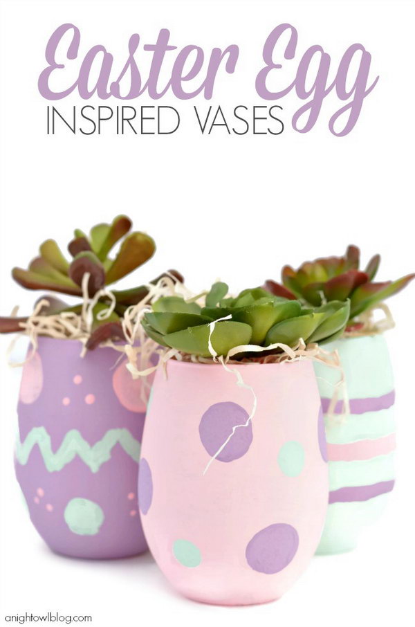Vases inspired by Easter eggs. Paint the glasses with "Easter egg" patterns. Fill the vases with natural filler and artificial juicy stems. Do it yourself to surprise the Easter decoration project.
