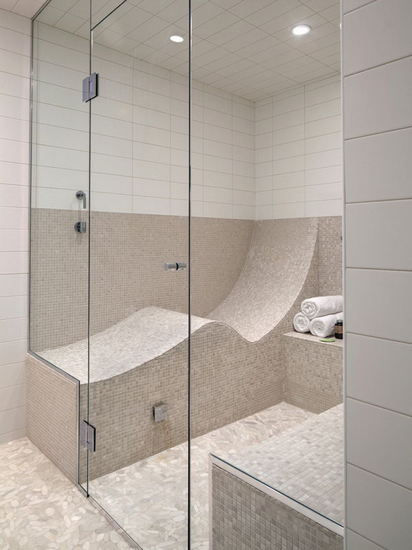 Letter S-shaped seat. An S-shaped seat turns your shower or steam bath into a seat where you can lie down.