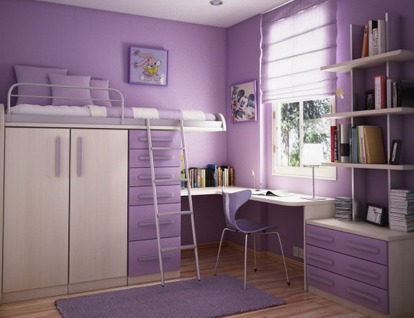 Lilac bedroom. You will love the entire storage space in this room. It is perfect for a lover of purple color and a kid who likes things clean.