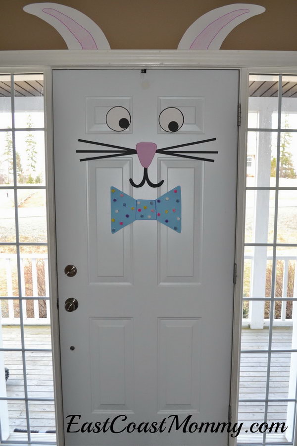 Easter bunny door. How could you better welcome people with a door decorated like a rabbit? It is simple and inexpensive and your guests will definitely like it. 