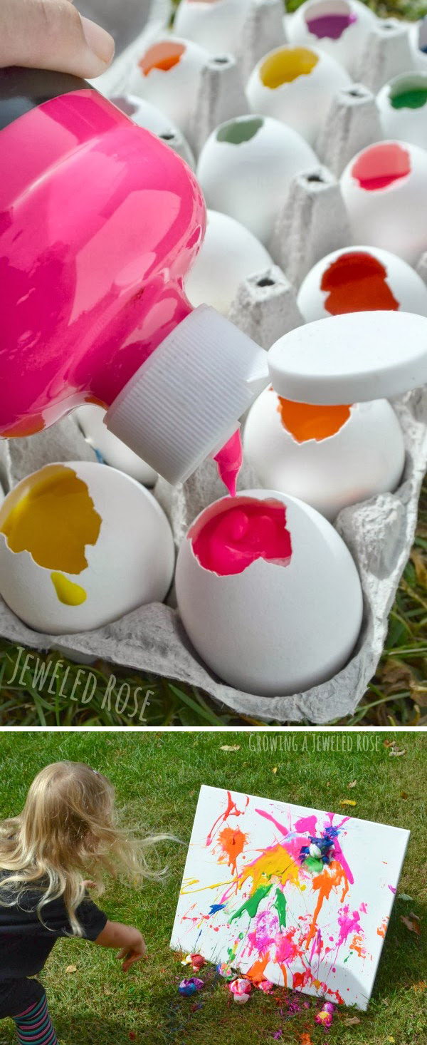 Paint stuffed eggs on canvas. Fill eggs with paint and throw them on canvas! This game is surprisingly easy to set up and is so much fun for your Easter party. 