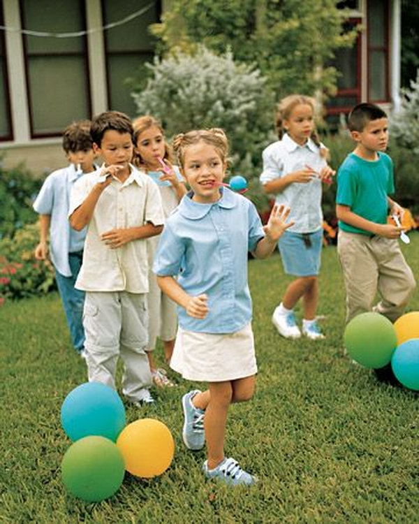 Egg and spoon racing. Let children balance an egg on a spoon and run across the lawn. It's a fantastic way to keep kids and adults entertained at your party. 