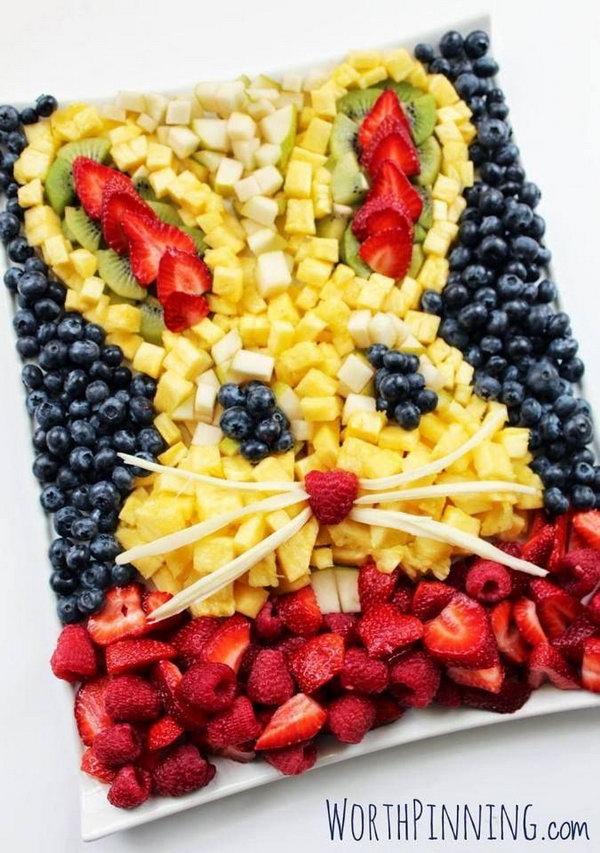 Bunny head fruit platter. Do you feel stuck with chocolate bunnies and candy coated eggs? A huge fruit platter with a bunny head will bring a few smiles to your Easter table.