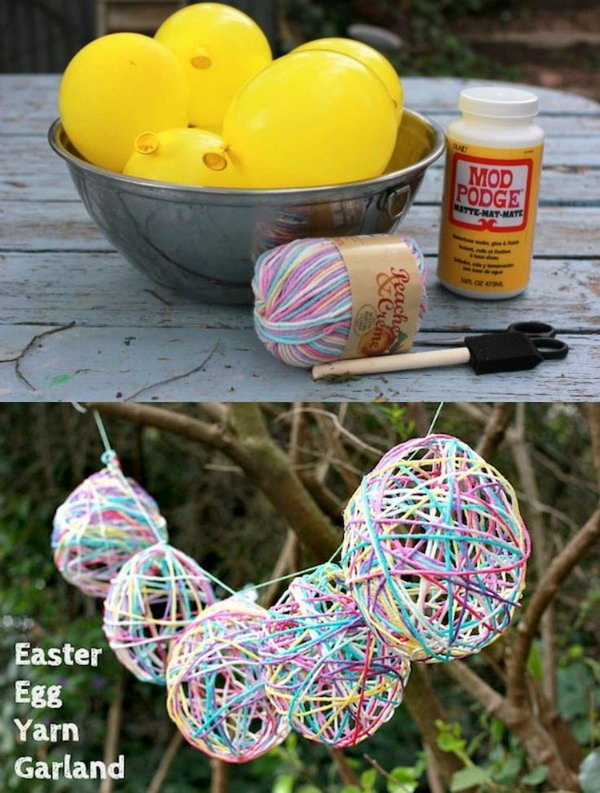 Mod Podged Yarn Easter Egg Garland. Weave a cord through these yarn-covered Easter eggs and hang them up. It is perfect for your Easter party decoration.