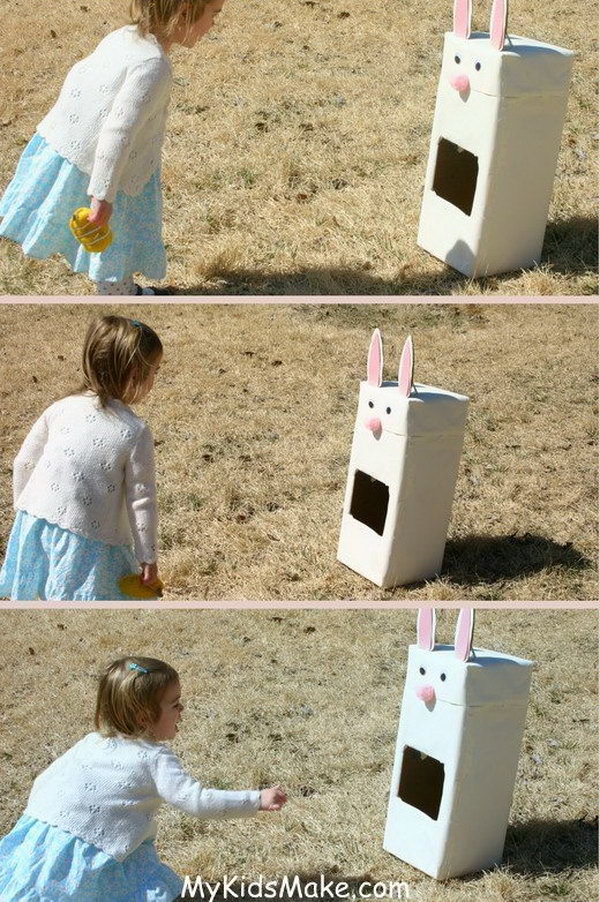 Bunny Bean Bag Toss game. Create cardboard bunny rabbit with big pink pom pom nose, googly eyes and big paper ears. The bean bags are also made like Easter eggs. It is a great idea for an activity in your Easter party.