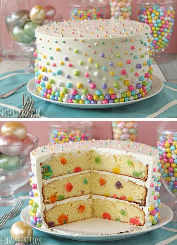 Easter polka dot cake. Decorate both the outside and the inside of the cake with a fun dot pattern. It's a perfect way to end a special Easter meal, or you can use this technique to make a cake for special occasions. 