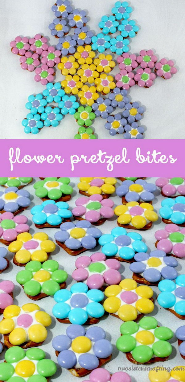Flowers pretzel bites. These spring snacks have become so beautiful and perfect for an Easter party.