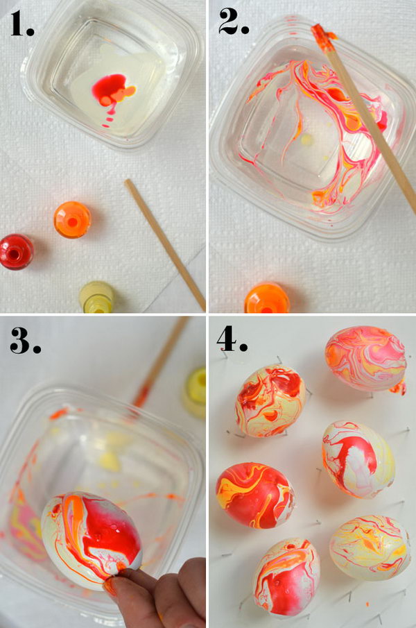 DIY this beautiful Easter egg with adorable colors from nail polish. Pour nail polish into water, swirl around and immerse the egg. The most important and fantastic thing is the choice of your preferred nail polish combination colors.