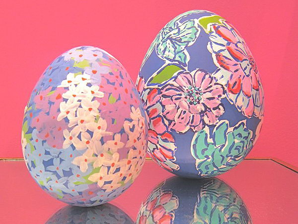 Lily Pulitzer hand painted eggs. Would you like to make something special for your Easter basket? Try applying the bright floral prints for your beautiful Easter eggs.